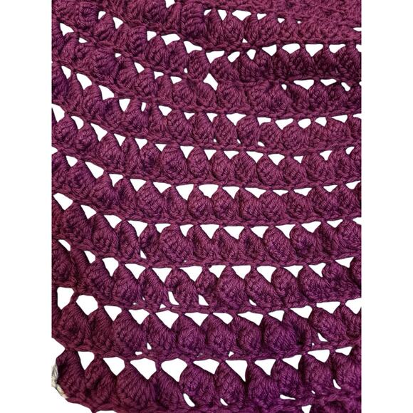 Handmade Crochet Shell Stitch Oval Afghan Throw Burgundy Tan 57x42" Open Weave - Picture 4 of 6